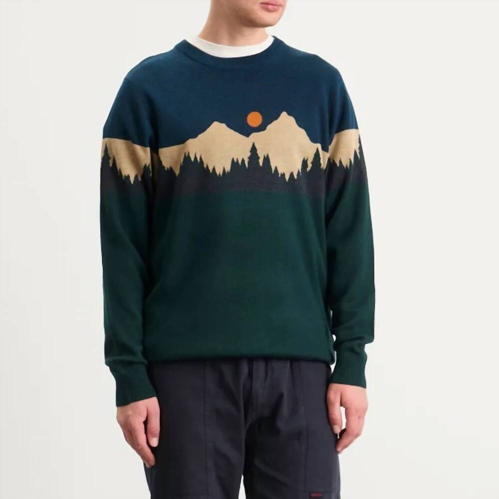 Kavu Crewneck Sweater in Dark Green, Navy & Tan with Orange Accent